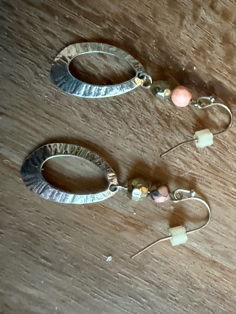 Silver Oval Drop Earrings with Pink Beads